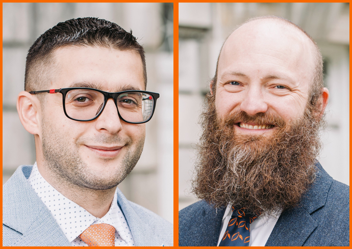 Two men smile while posing for a headshot outside as part of a composite photo.