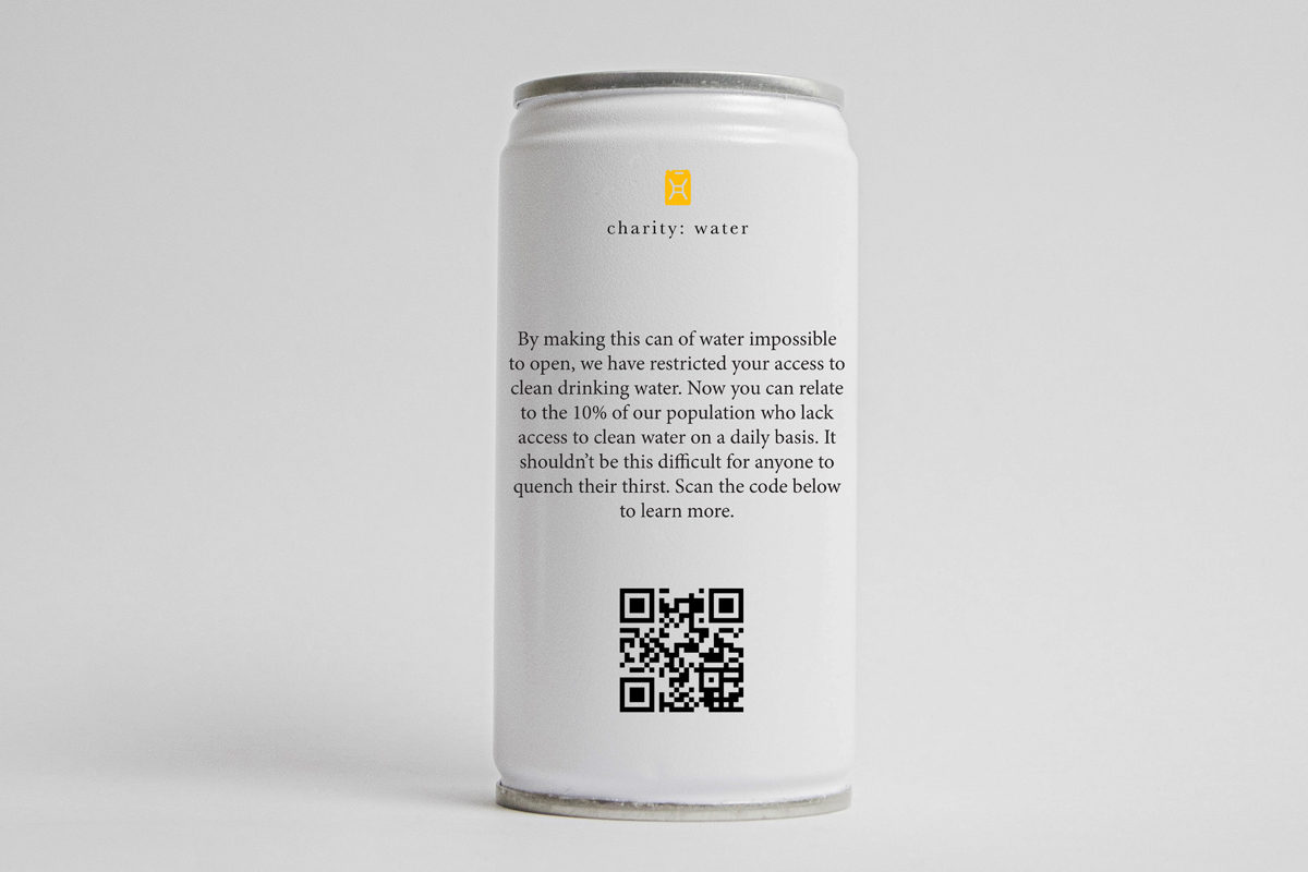 A can of water with a QR code.