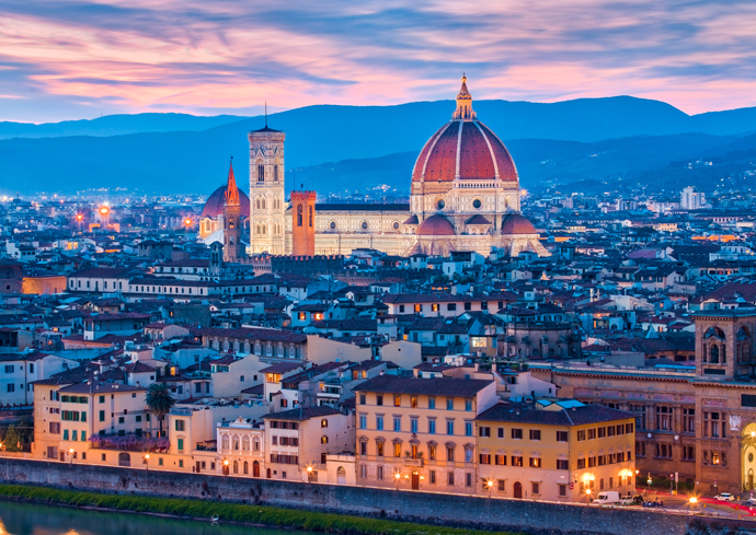 An aerial photo of Florence taken in the evening.