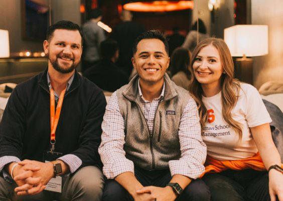 Whitman MBA Online recent grad students from left, Bryan Perry, Diego Caro Ramirez and Melissa Clisson.