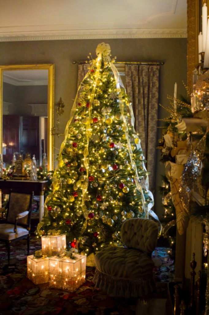 A decorated Christmas tree illuminated with white lights, adorned with red ornaments, and topped with a star. Presents wrapped in sparkling paper sit at the base. The room displays elegant furnishing and festive decor.