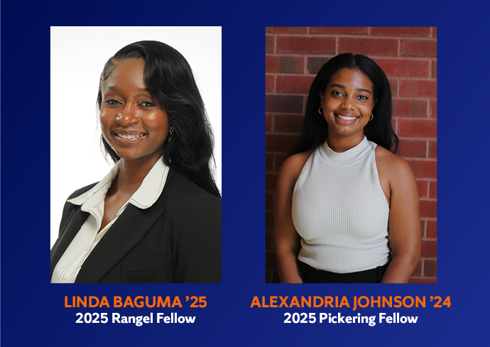 Side-by-side portraits of 2025 Fellows: Linda Baguma in a black blazer and white shirt, and Alexandria Johnson in a sleeveless white top, against blue and brick backgrounds