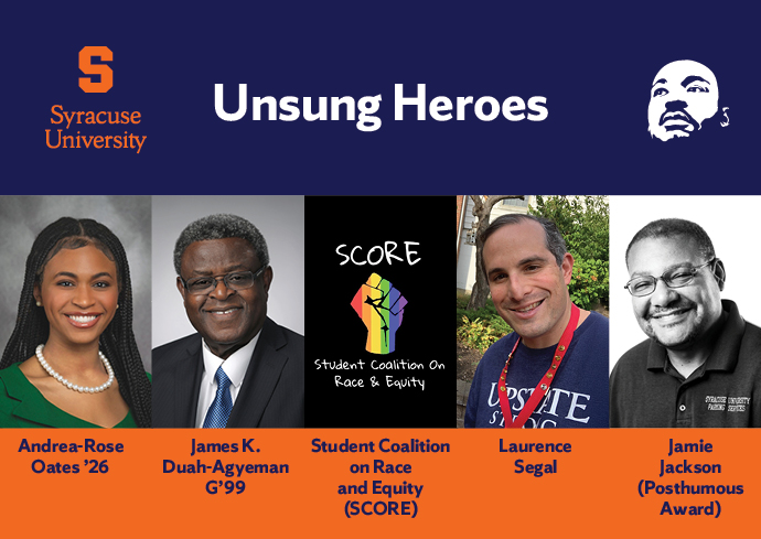 Banner featuring five Syracuse University Unsung Heroes honorees with photos and logos on a blue and orange background.