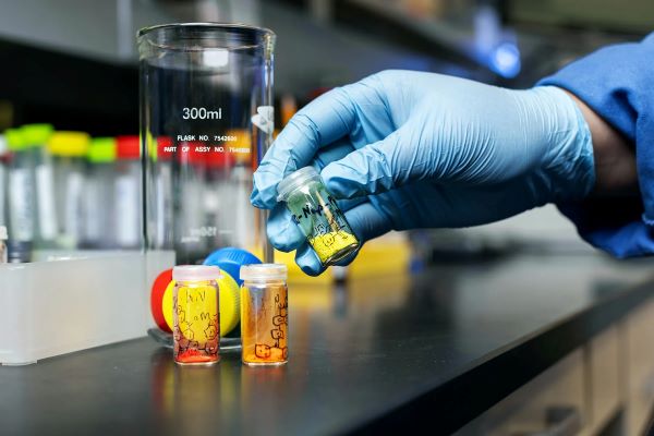 gloved hand examins one of three vials of a substance in a chemistry department lab