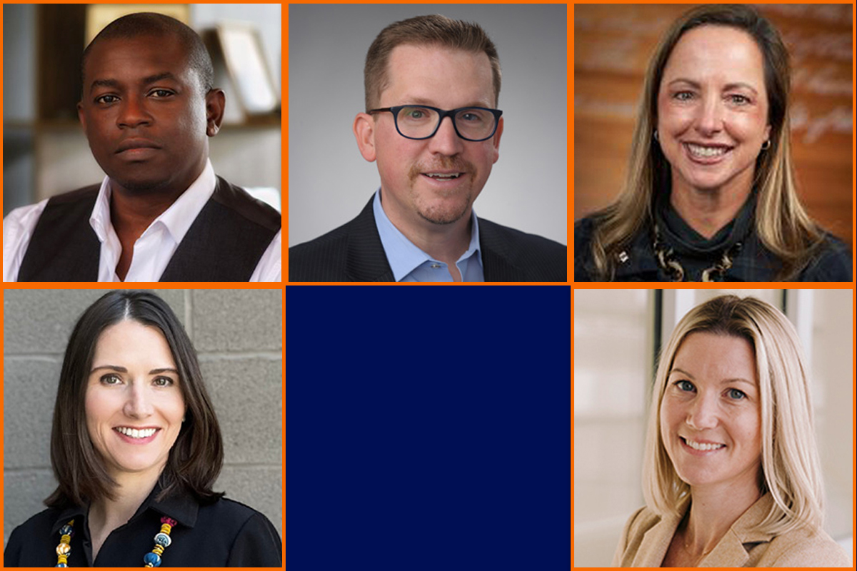 Five faculty members pose for their headshots as part of a composite image.