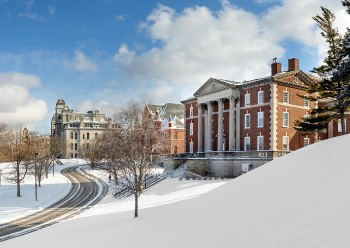 A photo of a snowy Syracuse University campus.