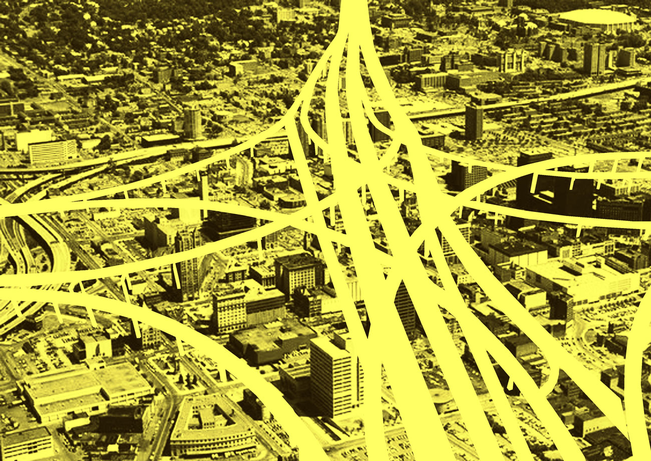 An abstraction depicting the pervasive and divisive influence of freeways in American cities.