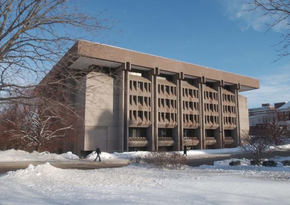 The exterior of Bird Library, with snow on the ground.