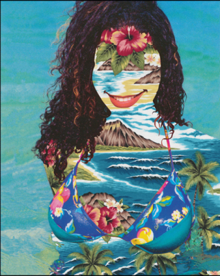 modernistic collage showing a woman in a swimsuit whose face, body and clothing reflect tropical images such as flowers, beaches, waters and Hawaiin print fabric