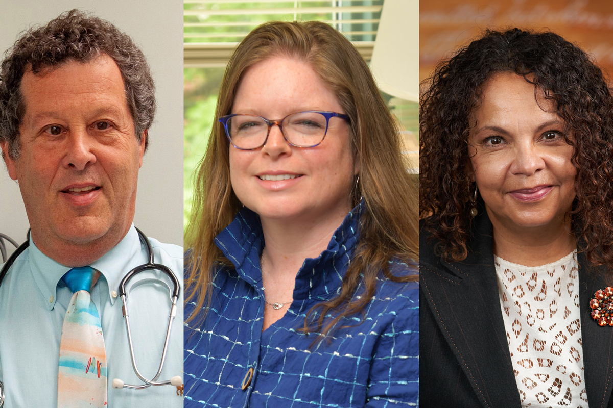Three professional headshots side by side: a person in a light blue shirt with a stethoscope, a person in glasses and a blue patterned blouse, and a person in a black blazer with an orange background.