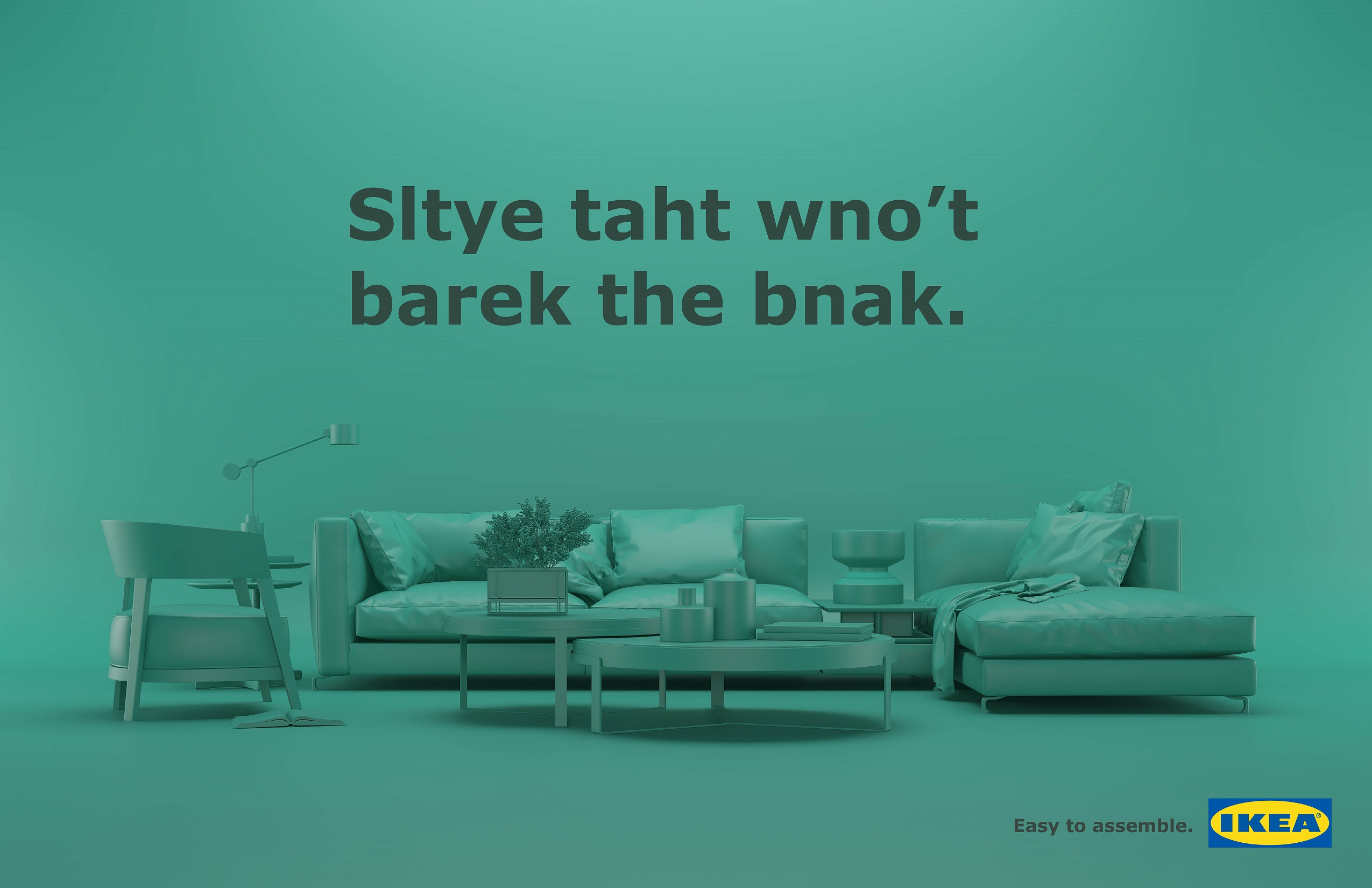 Graphic of improperly spelled words above a couch set