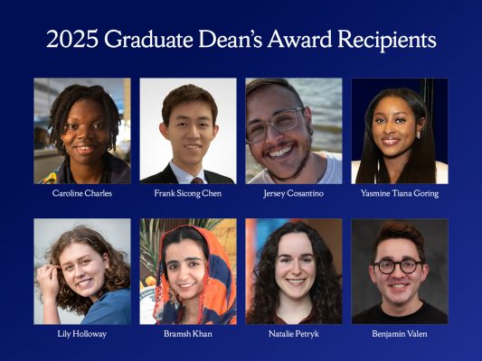 Collage of eight smiling individuals with title '2025 Graduate Dean’s Award Recipients' on a dark blue background