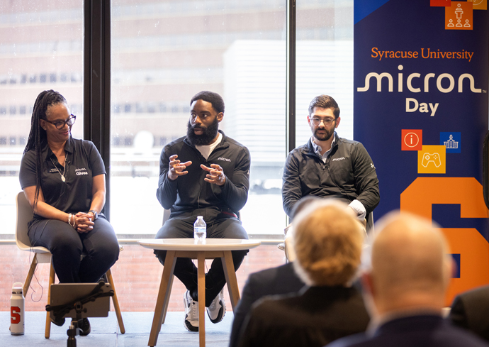 Micron Day alumni panelists Kim Burnett '91, Savion Pollard '25 and Joe Nehme '11