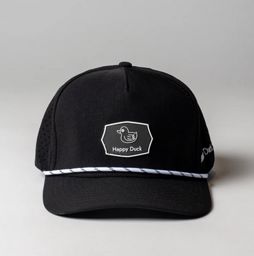 The image shows a black baseball cap with a white logo on the front. The logo features an outline of a duck and the text "Happy Duck" beneath it. The cap has perforated side panels and a white decorative rope across the front brim.