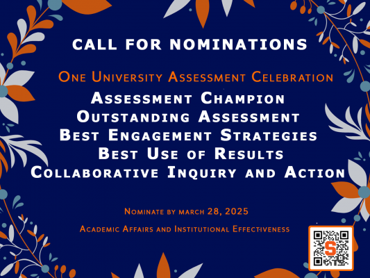 A blue background with orange and white floral designs frames the text "CALL FOR NOMINATIONS" at the top. Below it reads "One University Assessment Celebration" followed by categories for nomination: "Assessment Champion, Outstanding Assessment, Best Engagement Strategies, Best Use of Results, Collaborative Inquiry and Action." At the bottom, it states "Nominate by March 28, 2025" and is signed off by "Academic Affairs and Institutional Effectiveness." There is a QR code in the bottom right corner.