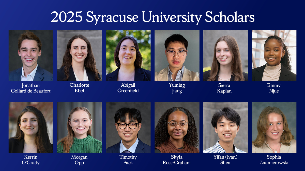 The top text reads Syracuse University Scholars, with 12 individual headshots beneath.