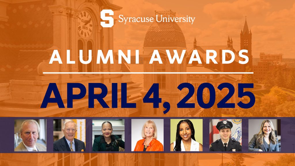 Syracuse University Alumni Awards 2025 announcement with event date and six headshots of featured alumni