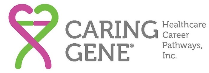 The image shows the logo for "Caring Gene Healthcare Career Pathways, Inc." The logo features a stylized heart shape formed by two interlocking DNA strands, one in green and the other in pink. The text "CARING GENE" is written in large gray letters to the right of the heart shape, with "Healthcare Career Pathways, Inc." written in smaller gray letters below it.