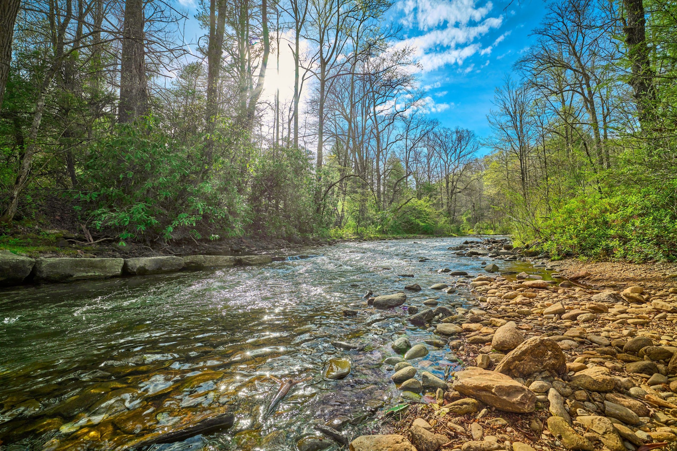 The image shows a serene river flowing through a forested area with trees on both sides. The sun is shining brightly, casting reflections on the water's surface. The sky is blue with scattered clouds. The riverbank on the right side of the image is covered with rocks and pebbles, while the left side has some greenery and larger stones.