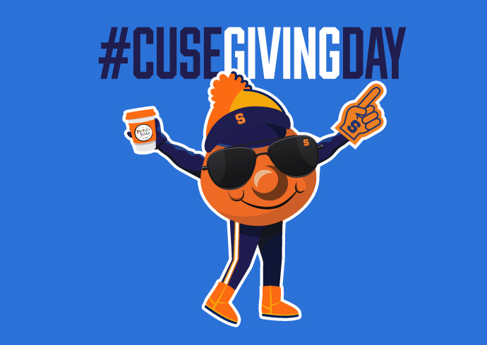 graphic with hashtag Cuse Giving Day above Otto holding cup and wearing hat and sunglasses