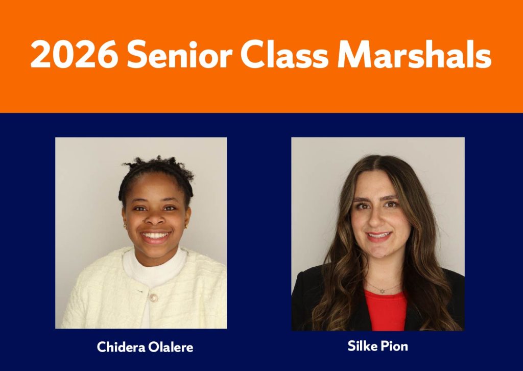 Announcement graphic featuring 2026 Senior Class Marshals Chidera Olalere and Silke Pion with portraits and names on a blue background