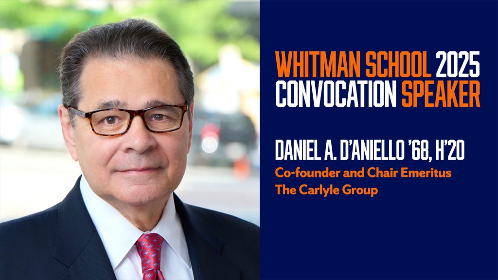 a person in a suit with the face blurred out. The background is slightly out of focus, showing some greenery and possibly a building. On the right side of the image, there is text that reads: "WHITMAN SCHOOL 2025 CONVOCATION SPEAKER DANIEL A. D'ANIELLO '60, H'20 Co-founder and Chair Emeritus The Carlyle Group"