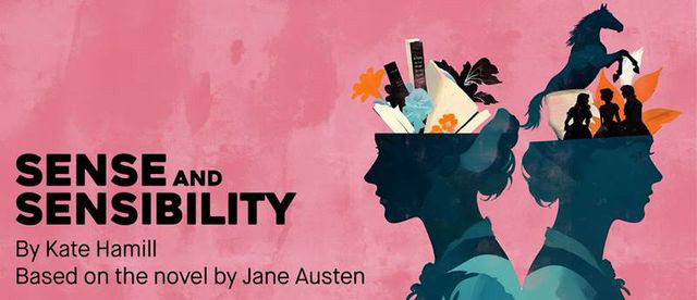 a stylized illustration of two women in profile, facing away from each other. The silhouettes of their heads are filled with various objects and scenes, including books, leaves, a horse and people interacting. The background is pink, and the text 'SENSE AND SENSIBILITY' is prominently displayed at the top in bold letters.