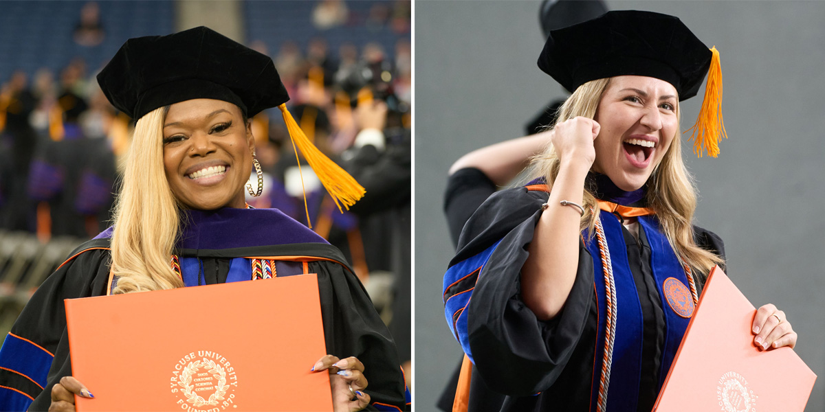 Composite of two individuals in graduation attire holding diplomas. Both individuals are wearing black graduation caps with yellow tassels and black gowns with purple and orange accents. The individual on the left is holding a diploma cover that reads "Syracuse University" with the university seal visible. The individual on the right is pumping their fist in the air and smiling.