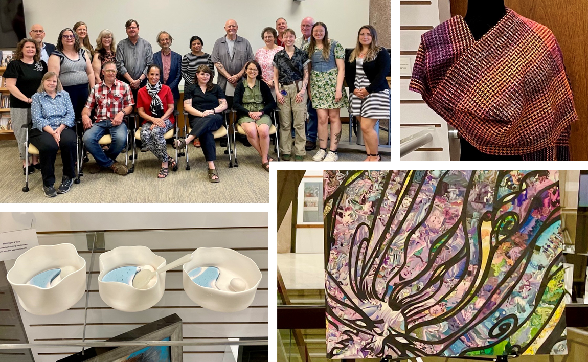 A collage of images featuring a group photo, a woven shawl, ceramic art pieces, and an abstract painting. The group photo shows 20 people standing and sitting in two rows. The woven shawl is displayed on a mannequin with a red and black checkered pattern. The ceramic art pieces are white with blue interiors, shaped like abstract bowls or shells, displayed on a shelf. The abstract painting features swirling lines and colorful patterns with hints of floral elements.