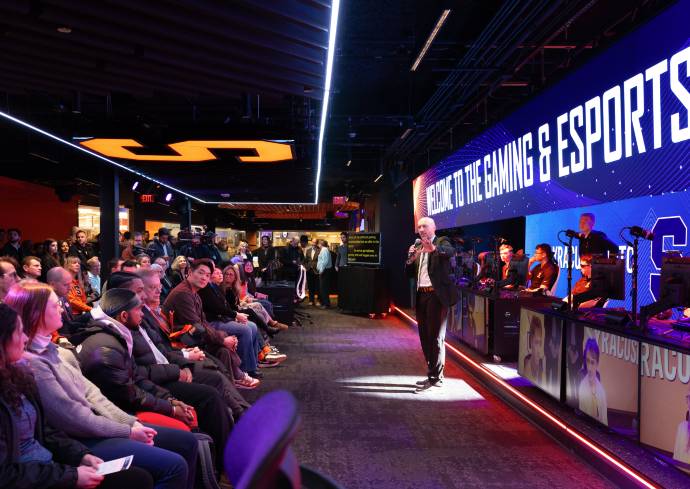 Syracuse University Executive Director of Esports Joey Gawrysiak at grand opening of Gaming and Esports Center.