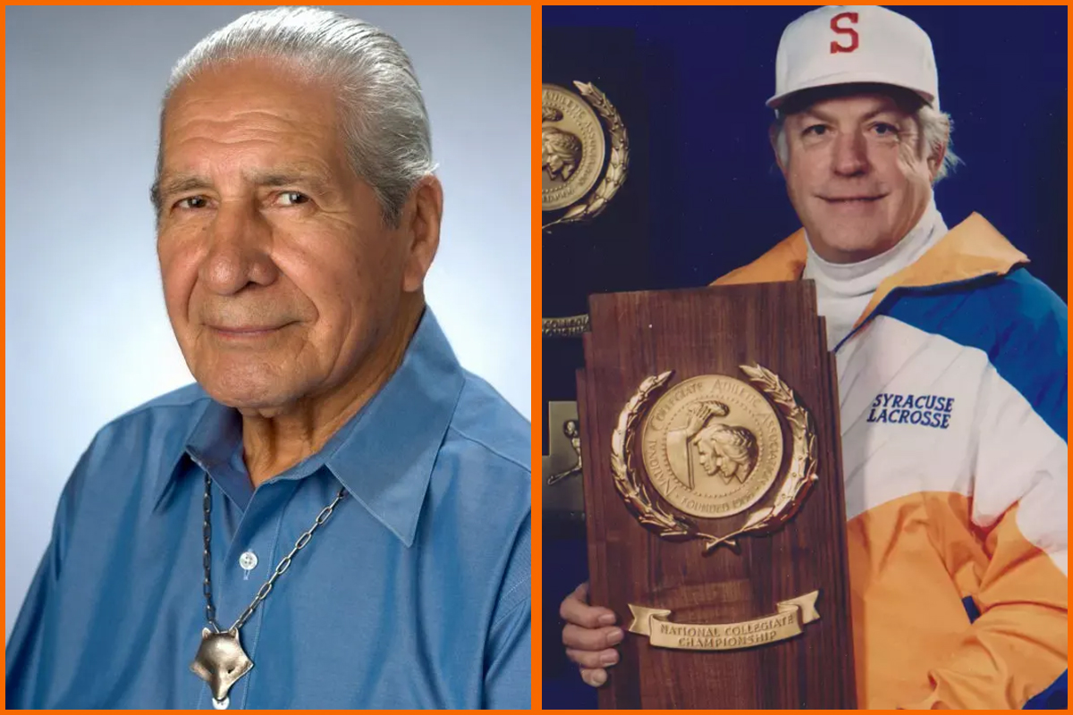 Split image featuring two individuals: on the left, a person with white hair, wearing a blue shirt and a pendant necklace; on the right, a person in a white cap with an 'S' and a 'SYRACUSE LACROSSE' jacket, holding a large plaque or trophy engraved with 'NATIONAL COLLEGIATE' and decorative elements.