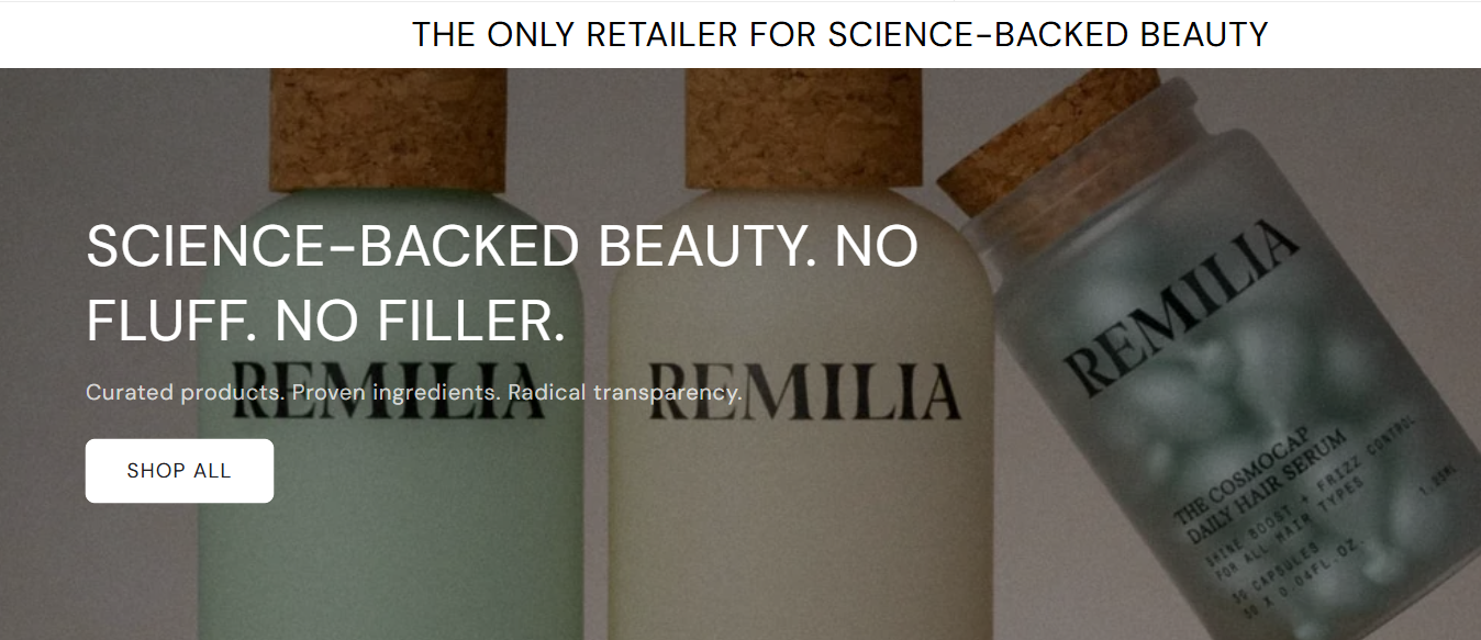 Utopiabeauty.co screenshot showing three cork-lidded bottles labeled 'REMILIA' displayed under the headline 'The Only Retailer for Science-Backed Beauty.' Below, bold text reads 'Science-Backed Beauty. No Fluff. No Filler.' with a subheading 'Curated products. Proven ingredients. Radical transparency.' and a 'Shop All' button.