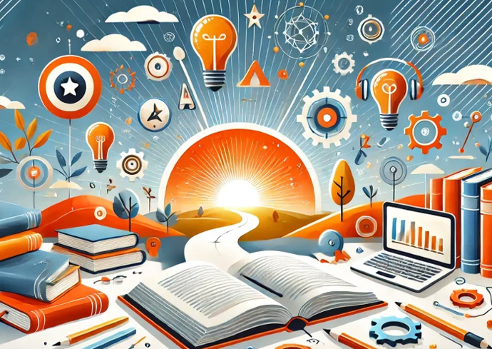 Colorful, AI-generated illustration of of books and resources about AI