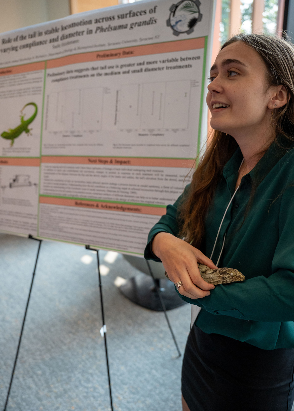 A young person in a green blouse holds a gecko while standing beside her research poster about stable isotope variation across surfaces of varying compliance and diameter in Phelsuma grandis.
