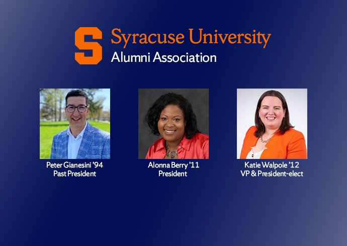 Syracuse University Alumni Association banner featuring headshots of three alumni and names/titles in white text: Peter Gianesini ’94, Past President; Alonna Berry ’11, President; and Katie Walpole ’12, VP & President-elect. The background is a gradient blue with the Syracuse University logo and Alumni Association wordmark at the top.