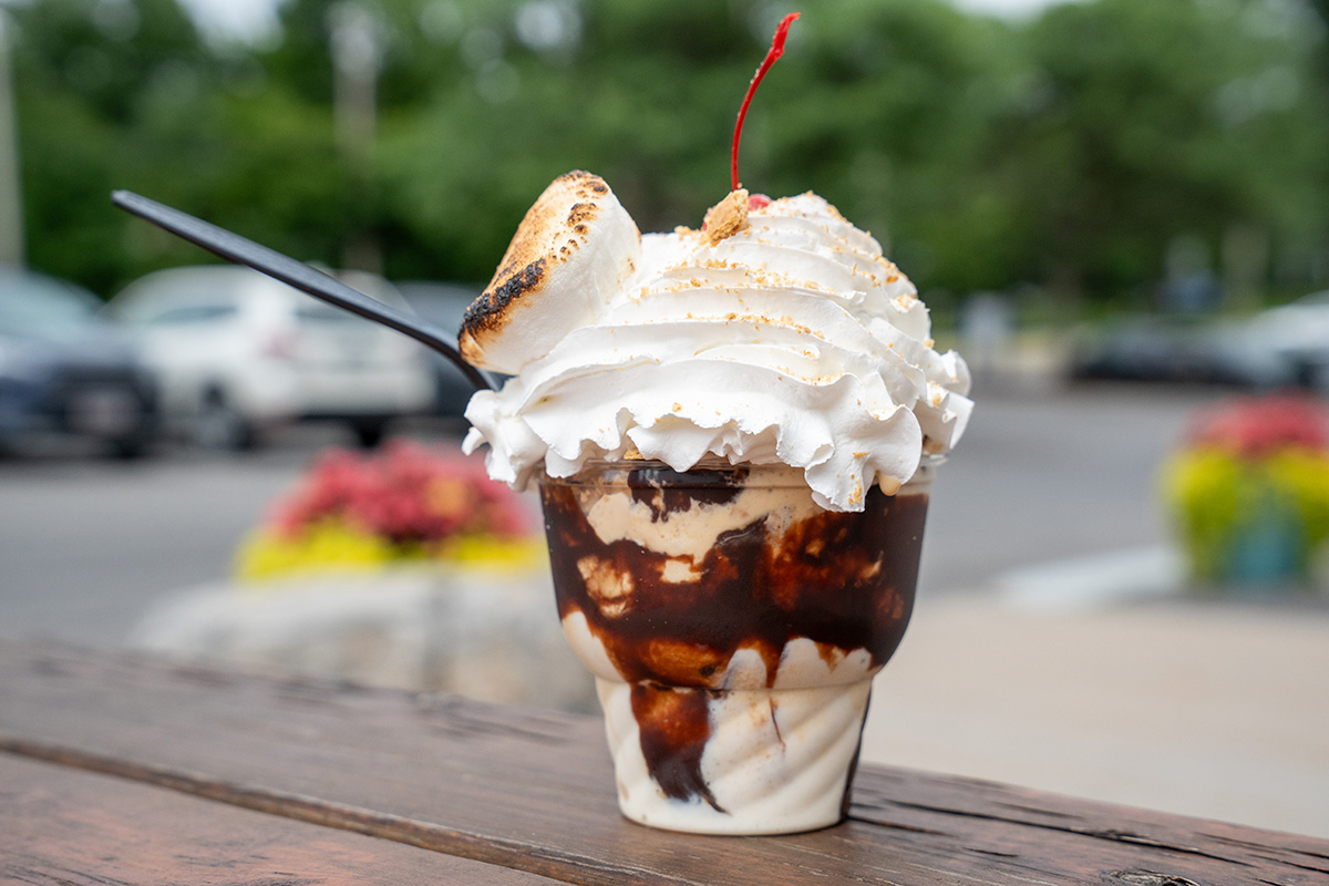 Close-up of an ice cream sundae in a clear plastic cup with layers of ice cream and chocolate syrup, topped with whipped cream, a toasted marshmallow, graham cracker crumbs, and a maraschino cherry; black plastic spoon inserted; outdoor background with greenery and parked cars.