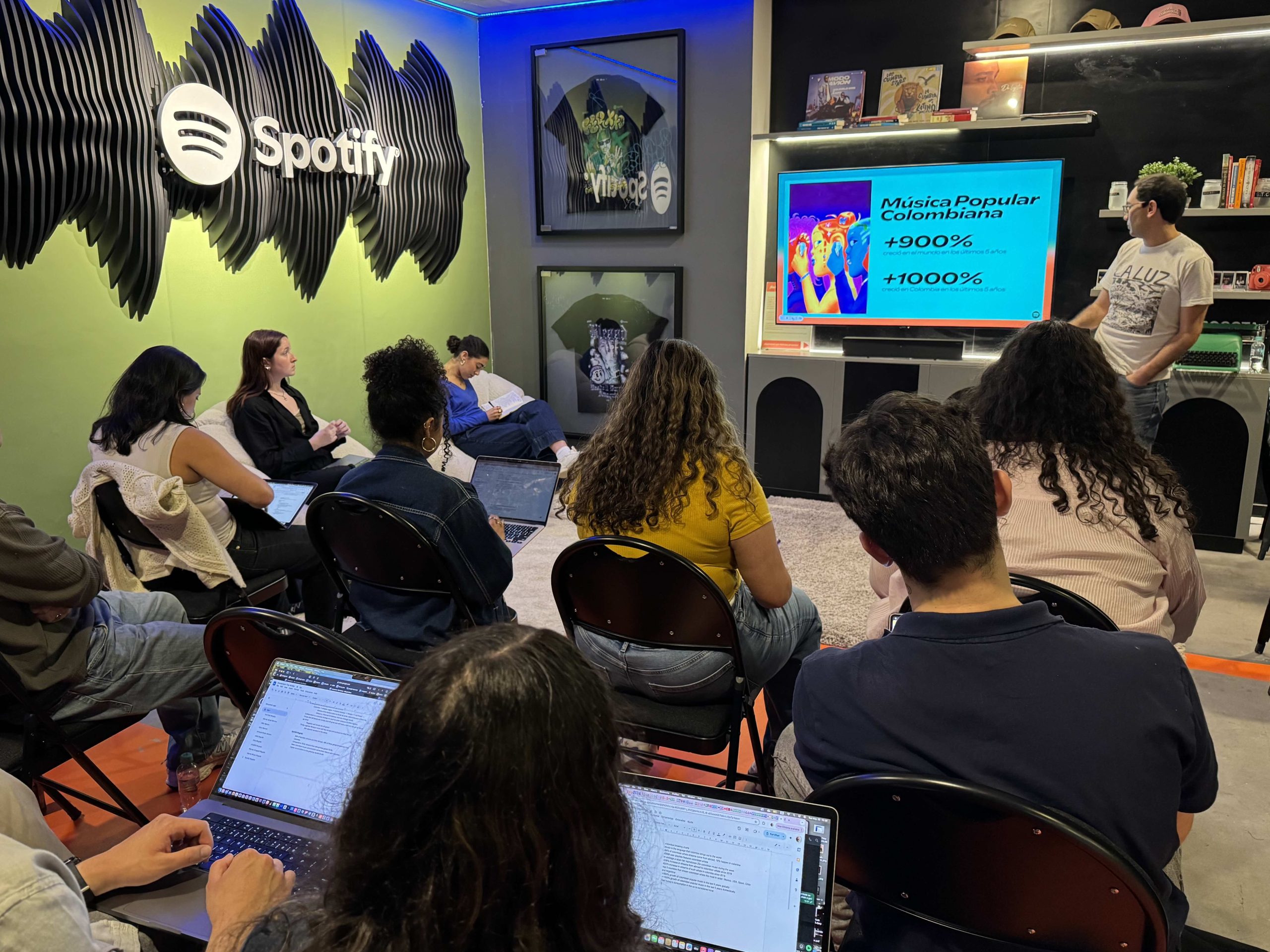 Learning about trends in Colombian music from team leaders at Spotify Colombia, the leading subscription service in that market.  