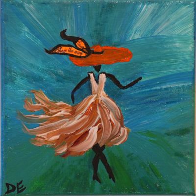 crylic painting by Durkia Estrada showing a black silhouette of a woman in an orange hat and flowing dress, set against a dynamic blue-green background.