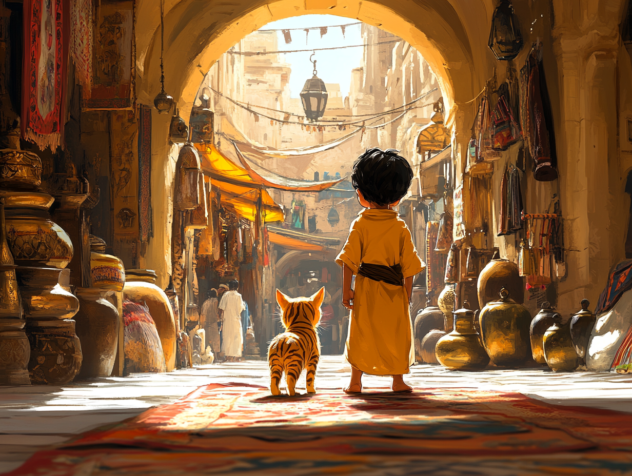 Art generated with AI tools depicts a child in an orange robe stands with a small orange cat in a vibrant Middle Eastern or North African marketplace, surrounded by pottery, textiles, and hanging lanterns under stone archways with warm sunlight streaming through.