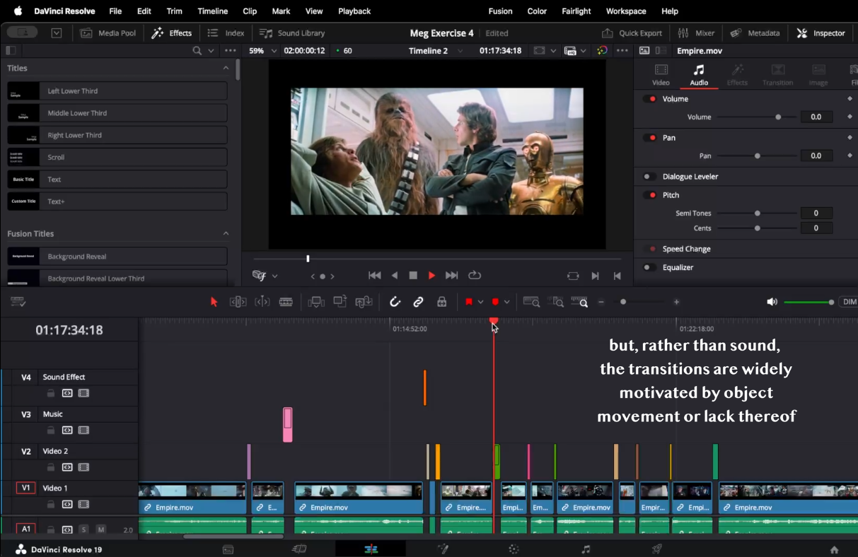 Screenshot of DaVinci Resolve video editing software showing the timeline interface. The main viewer displays a scene from Star Wars with characters including Chewbacca and C-3PO in what appears to be the Millennium Falcon. The timeline below shows multiple video and audio tracks with clips from "Empire.mov" arranged in sequence. 