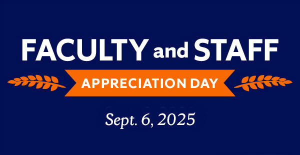 Promotional banner for Faculty and Staff Appreciation Day on September 6, 2025, featuring white and orange text on a dark blue background with decorative orange leaves.