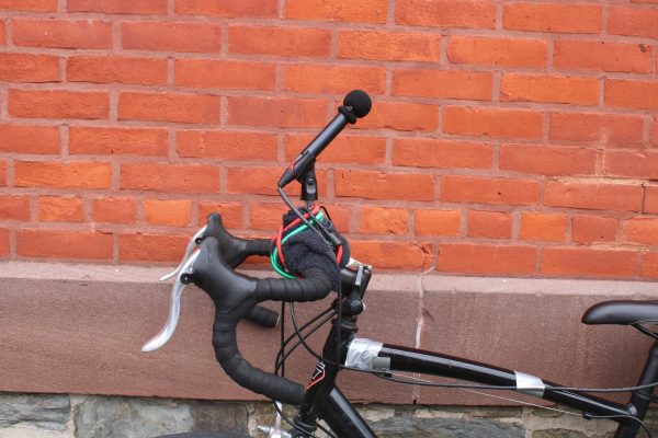 a microphone mounted on a bicycle