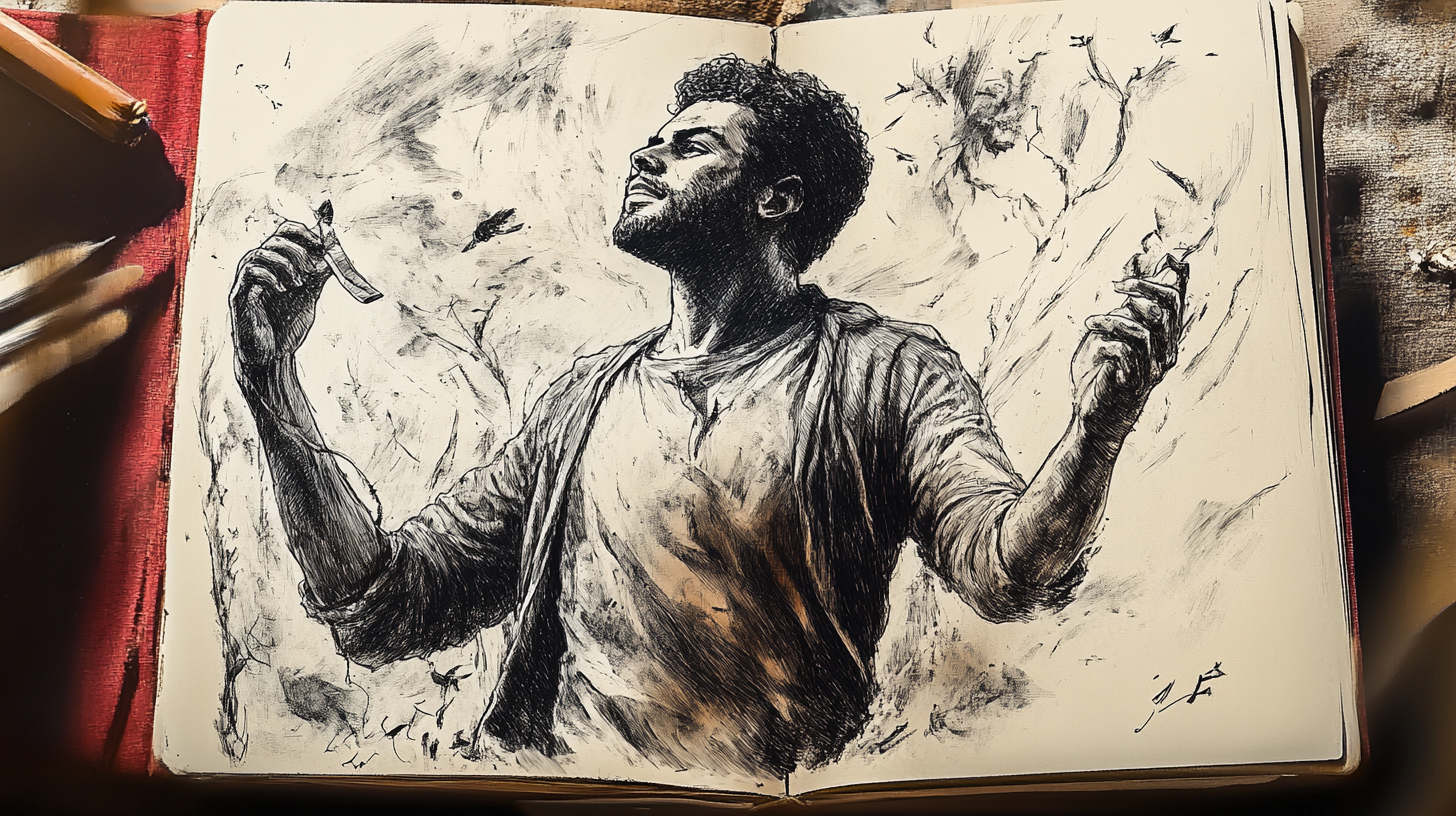 A detailed pencil sketch in an open sketchbook showing a bearded man with curly hair looking upward with his arms raised, drawn in an expressive, dynamic style with bold shading and crosshatching.