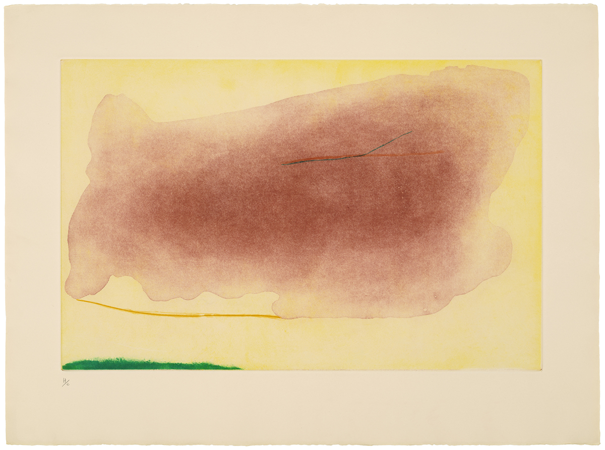 Watercolor painting with a central reddish-brown abstract shape on a light yellow background, accented by a thin green line and small green patch near the bottom