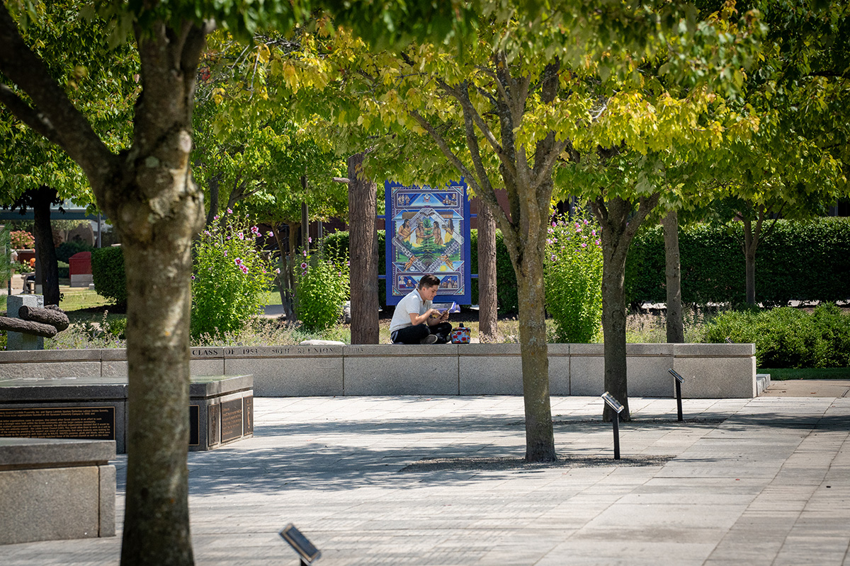 Person sitting on a stone wall with trees, plaques, and a colorful Indingenous mural in the background.
