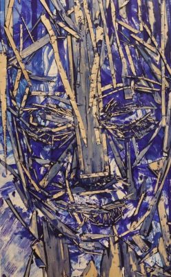 A work by n abstract face formed from wooden planks against a blue and white background., "The Architect" by Arnaldo Roche.
