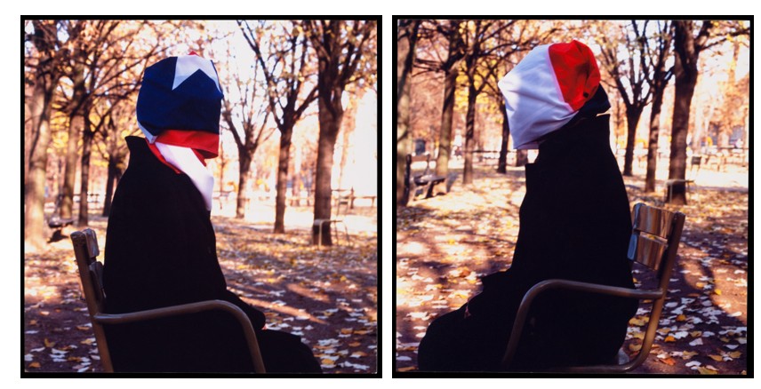 Diptych of a person seated outdoors with their head covered by different cloths—one resembling the Puerto Rican flag, the other red and white.