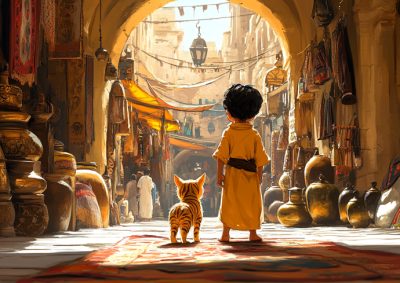 AI generated art depicts a child in an orange robe stands with a small orange cat in a vibrant marketplace, surrounded by pottery, textiles, and hanging lanterns under stone archways with warm sunlight streaming through.