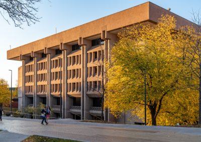An exterior of Bird Library during the day with sun shining down on the building.