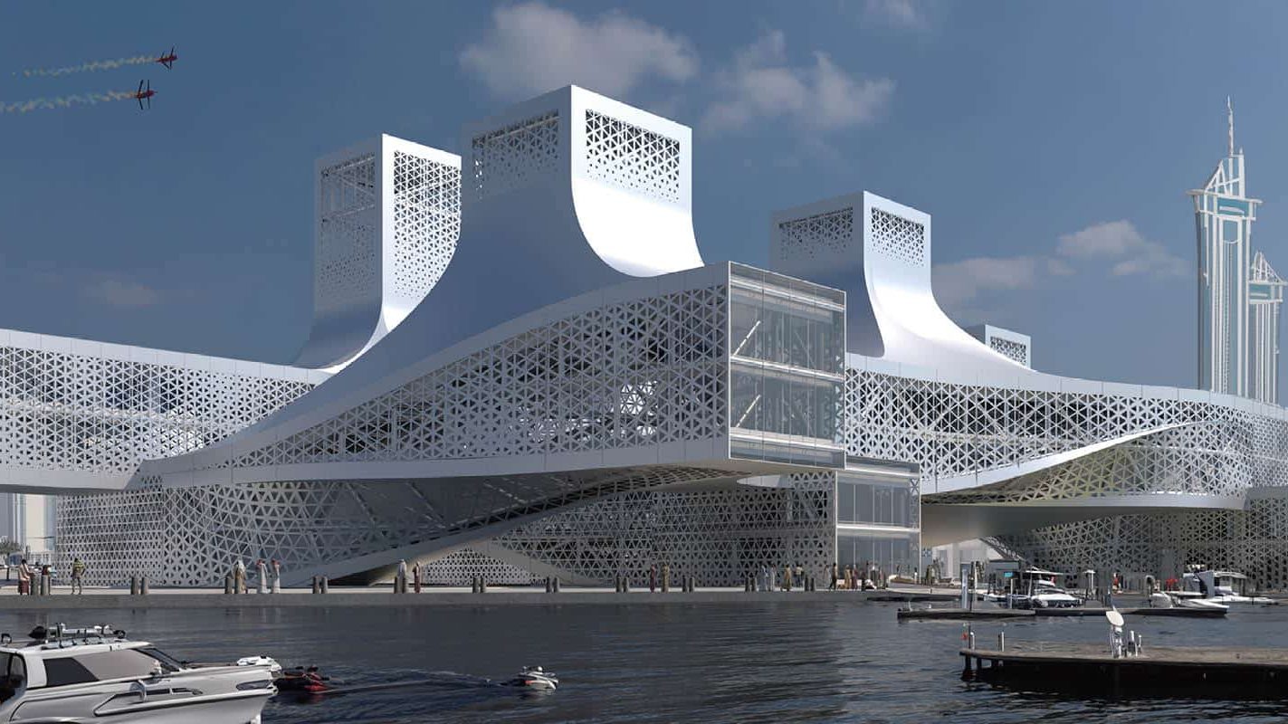 Futuristic steel lattice building by waterfront with boats, two planes overhead, and a skyscraper in the background.